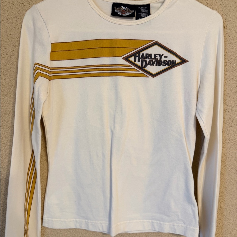 Harley-Davidson White Long Sleeve Tee with Gold Stripe Logo